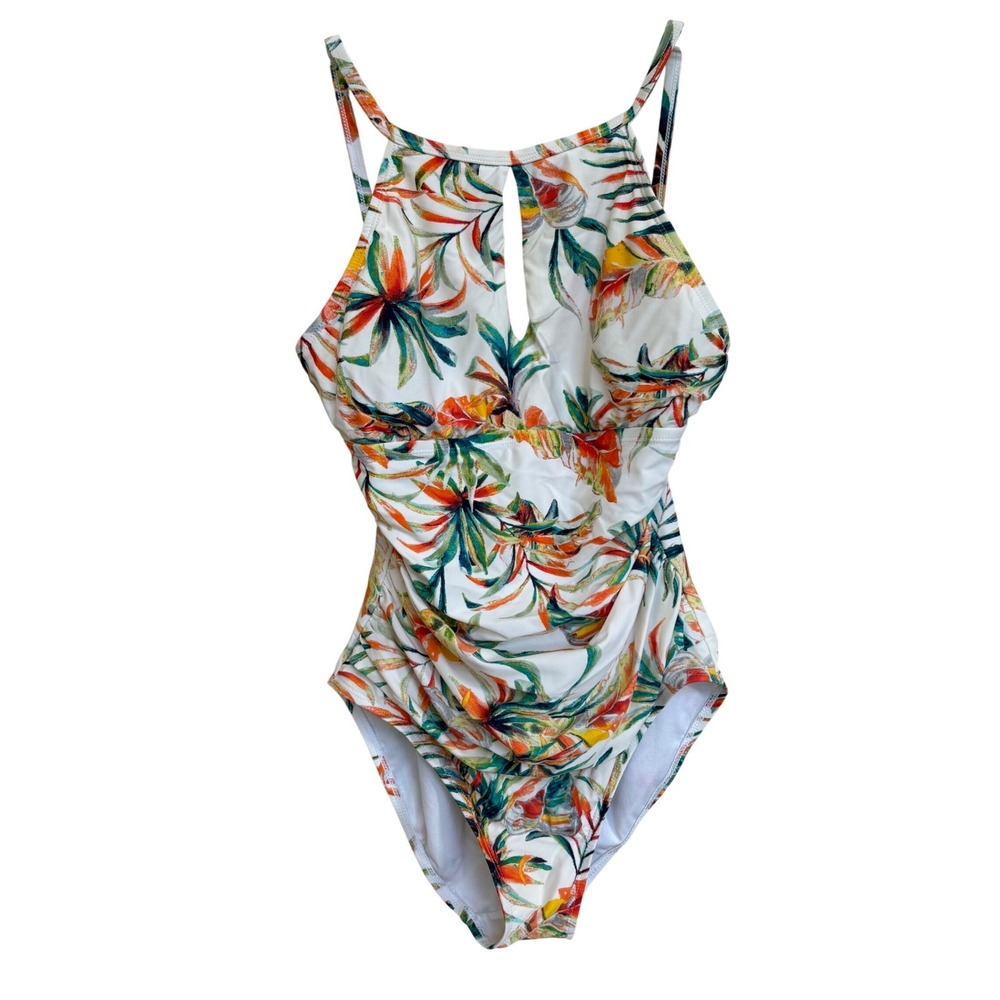 Ellen Tracy High Neck Keyhole One Piece Swimsuit Floral Tropical White Size 8